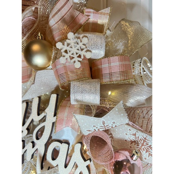 Christmas Snowflake Holiday Ribbon Door Wreath Handmade 22 ins LED W43 Gold - Picture 9 of 12